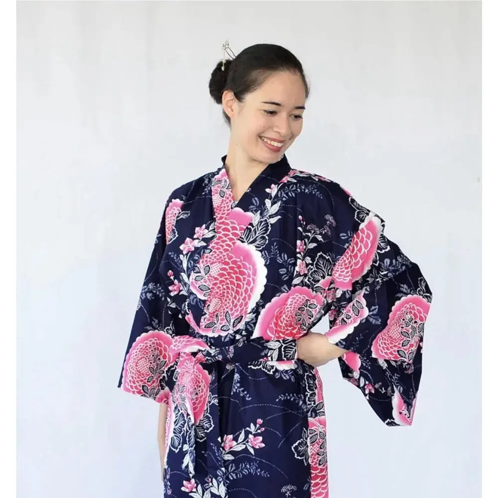 Japanese Yukata Women's 100% Cotton Peony and Chrysanthemum XL (61) KYOTO SEN'I - Picture 3 of 13